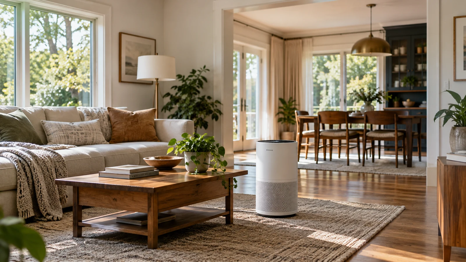 Editorial wide-angle photo of a living room and dining area connected through a broad opening, small unbranded air purifier in foreground