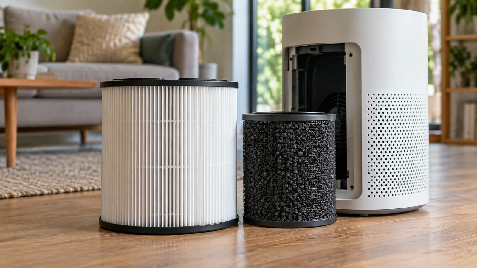 Macro product-style photo of separate clean pleated filter and granular dark carbon cartridge beside unbranded purifier shell, realistic generic parts