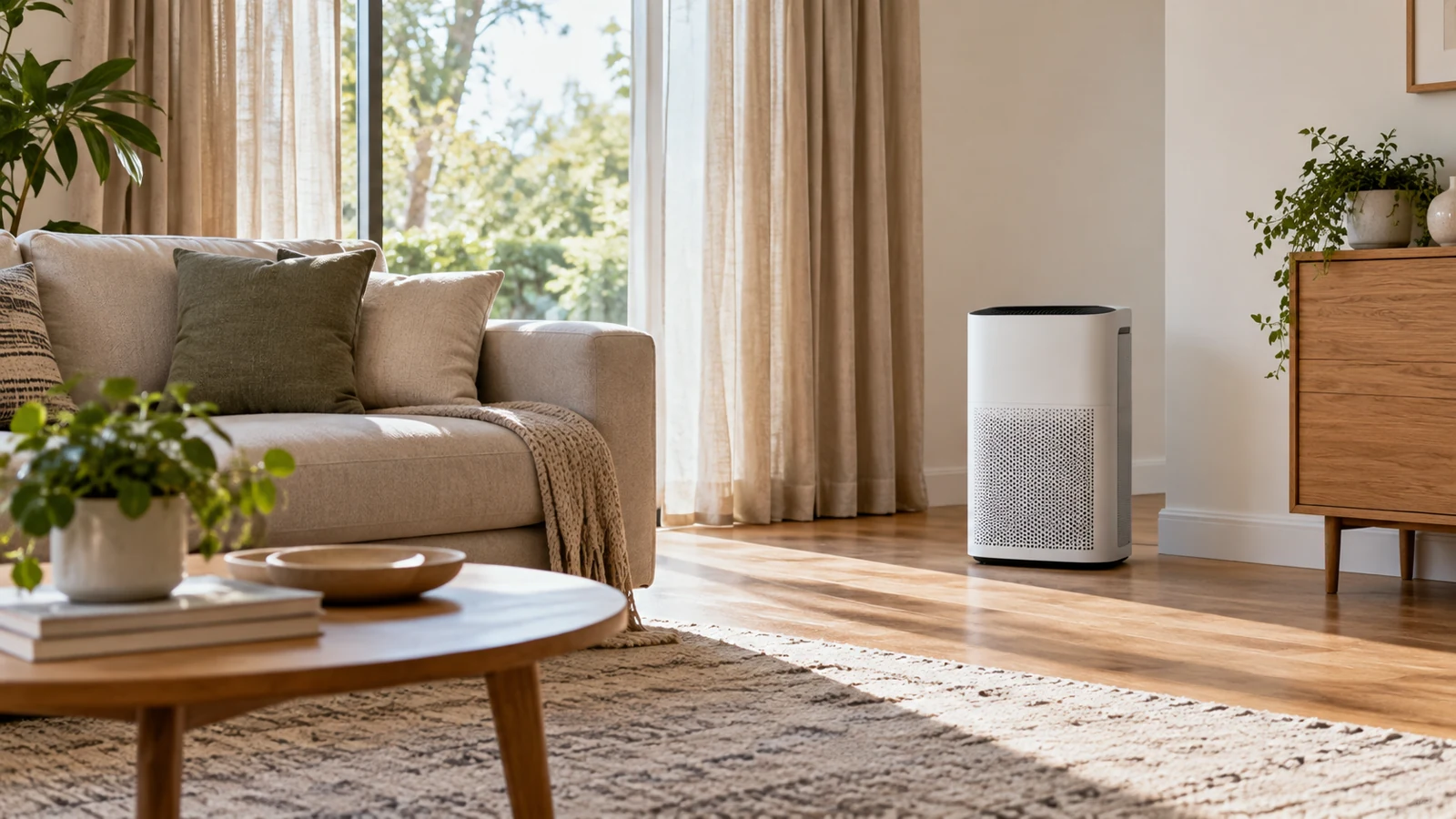 Different editorial living-room view with curtains, sofa and generic air purifier standing away from fabric and furniture
