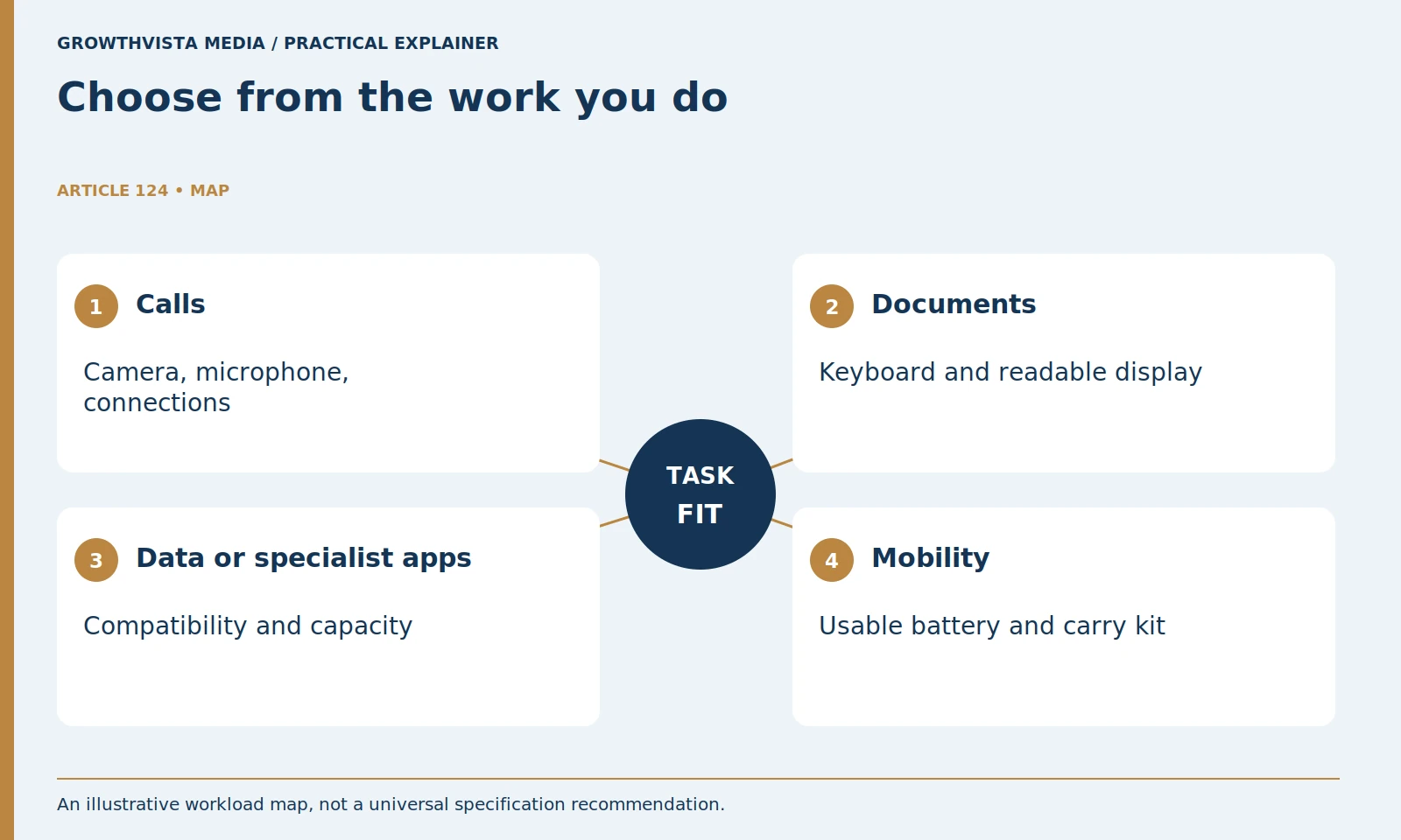 Choose from the work you do: Calls: Camera, microphone, connections; Documents: Keyboard and readable display; Data or specialist apps: Compatibility and capacity; Mobility: Usable battery and carry kit
