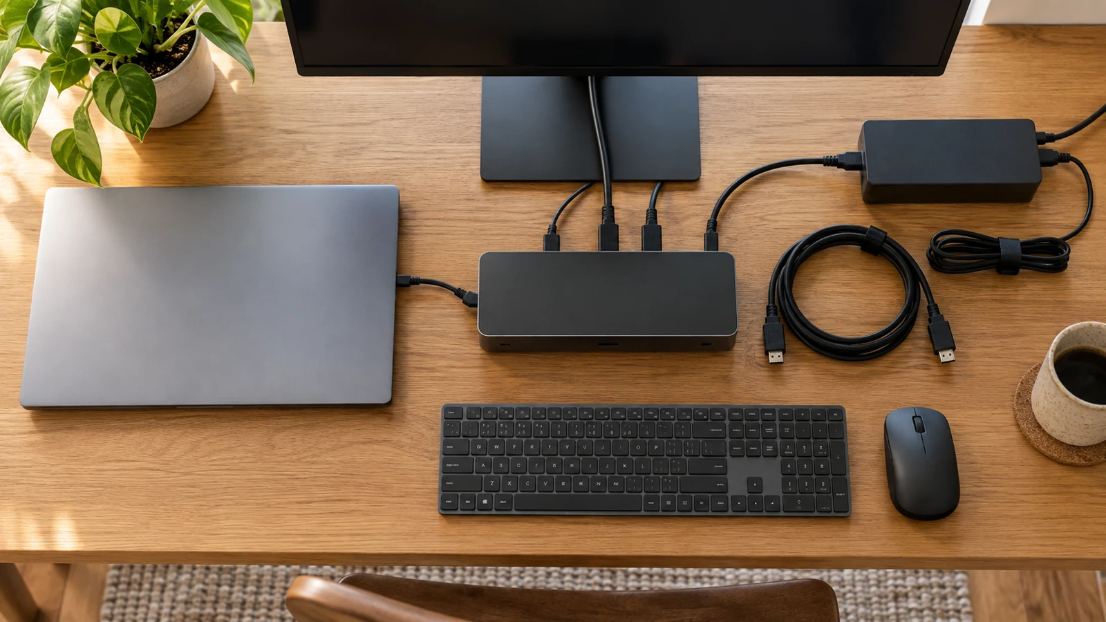 Separate overhead editorial photo of laptop, dock, keyboard, monitor cable and power supply arranged neatly on oak desk