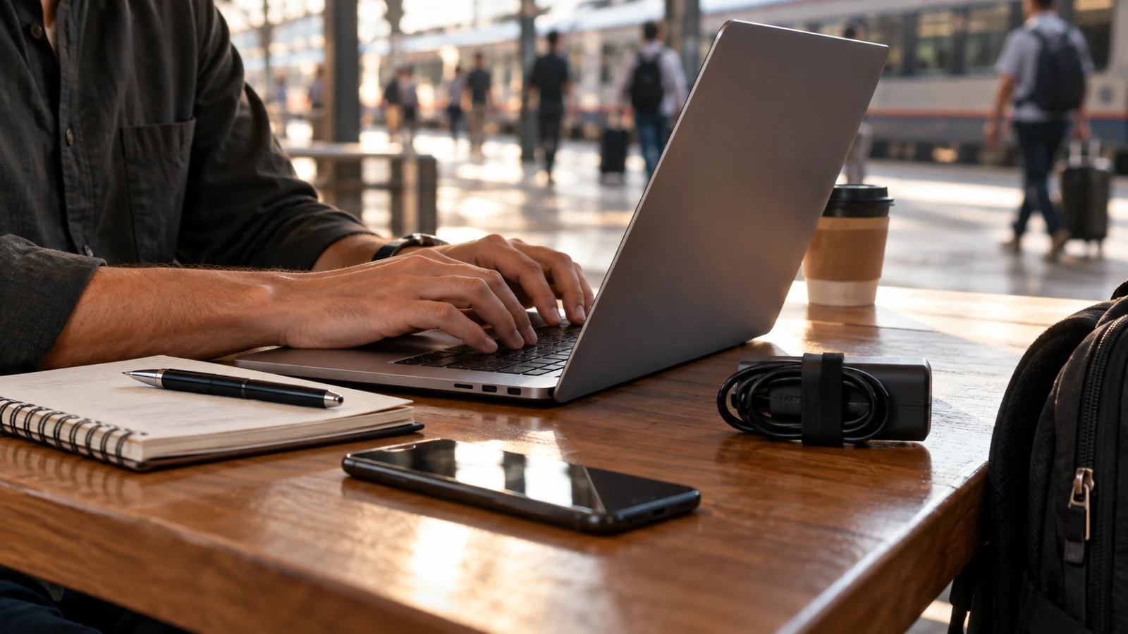 Editorial close photo of a laptop at a train-station waiting table next to notebook and packed charger, adult hands typing, no battery percentage or readable UI.