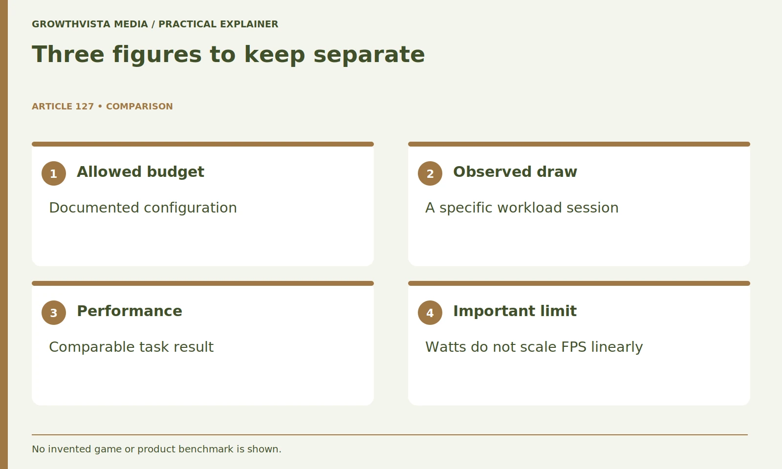 Three figures to keep separate: Allowed budget: Documented configuration; Observed draw: A specific workload session; Performance: Comparable task result; Important limit: Watts do not scale FPS linearly