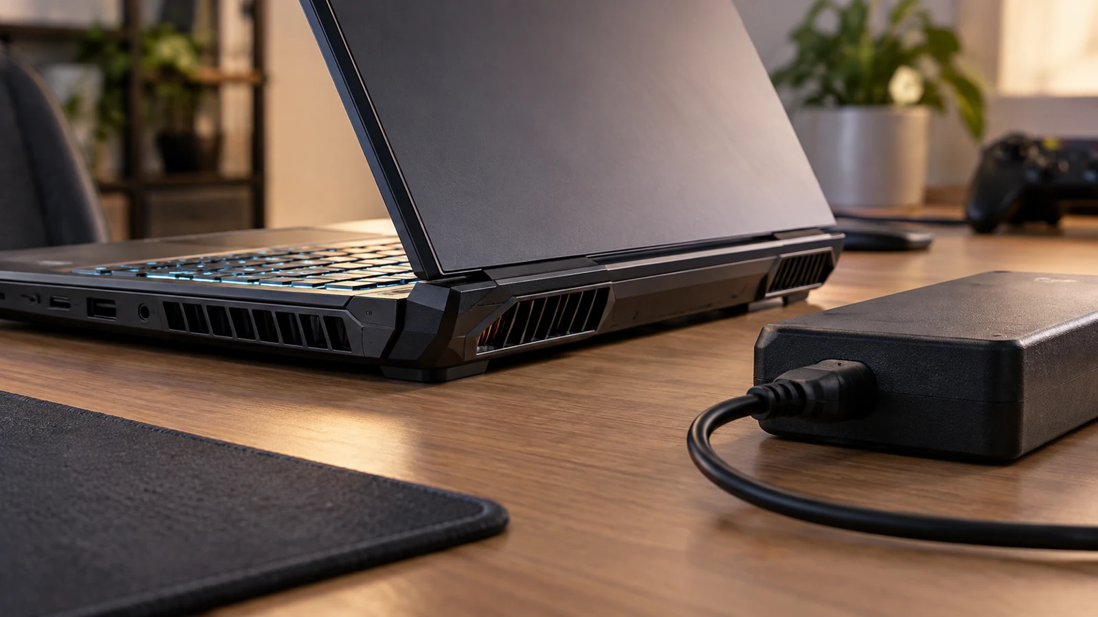 Different close side view of unbranded gaming laptop with visible ventilation, supplied large charger beside it, neutral studio desk, no exposed circuitry, no text.