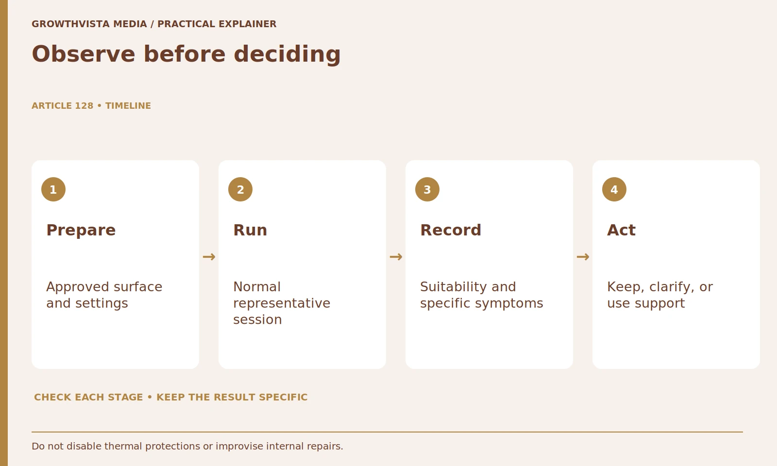 Observe before deciding: Prepare: Approved surface and settings; Run: Normal representative session; Record: Suitability and specific symptoms; Act: Keep, clarify, or use support