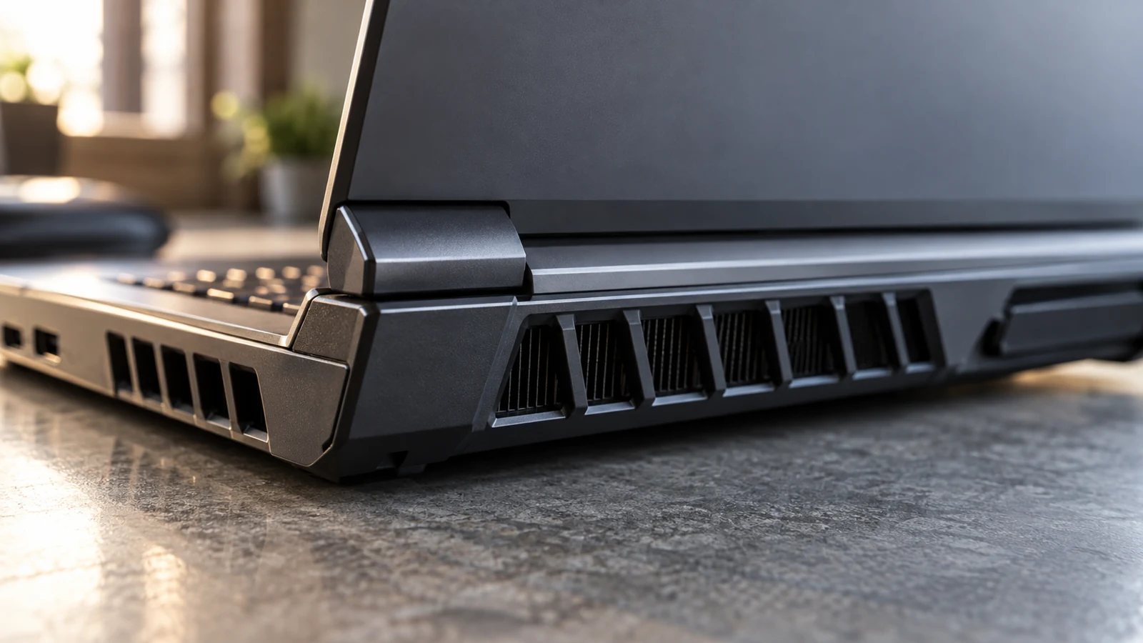 Macro editorial view of generic laptop exhaust vents and rear hinge on hard surface, realistic vent grille and clear air space, no people, no labels.