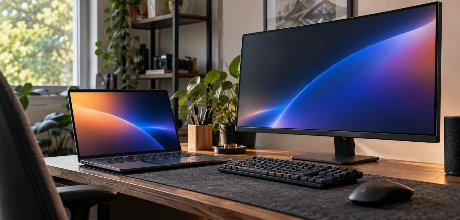 Different side-angle photo of gaming laptop and external monitor on desk displaying abstract gradients, ambient daylight, no fps numbers, no logos, no text.