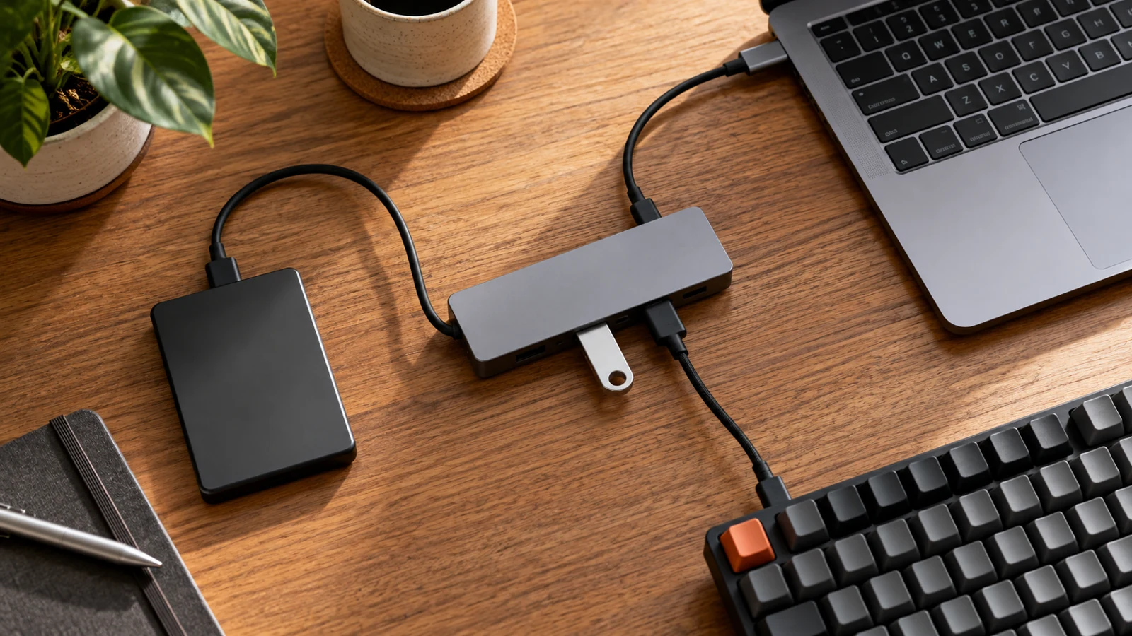 Editorial overhead photo of compact USB hub, keyboard cable and external solid-state drive connected neatly near laptop edge, generic realistic equipment, no labels or text.