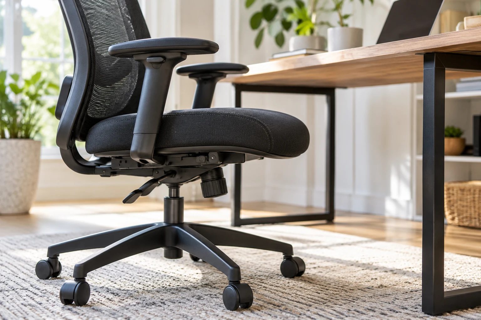 Separate editorial close photo of a generic office chair seat, adjustment controls and sturdy base beside a real desk