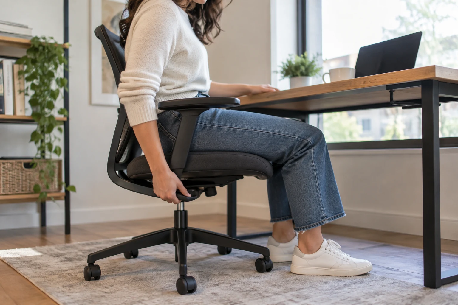 Adult at ordinary desk adjusting a generic chair lever with feet resting naturally on floor, realistic proportions, face partly outside frame, no labels or medical claims.