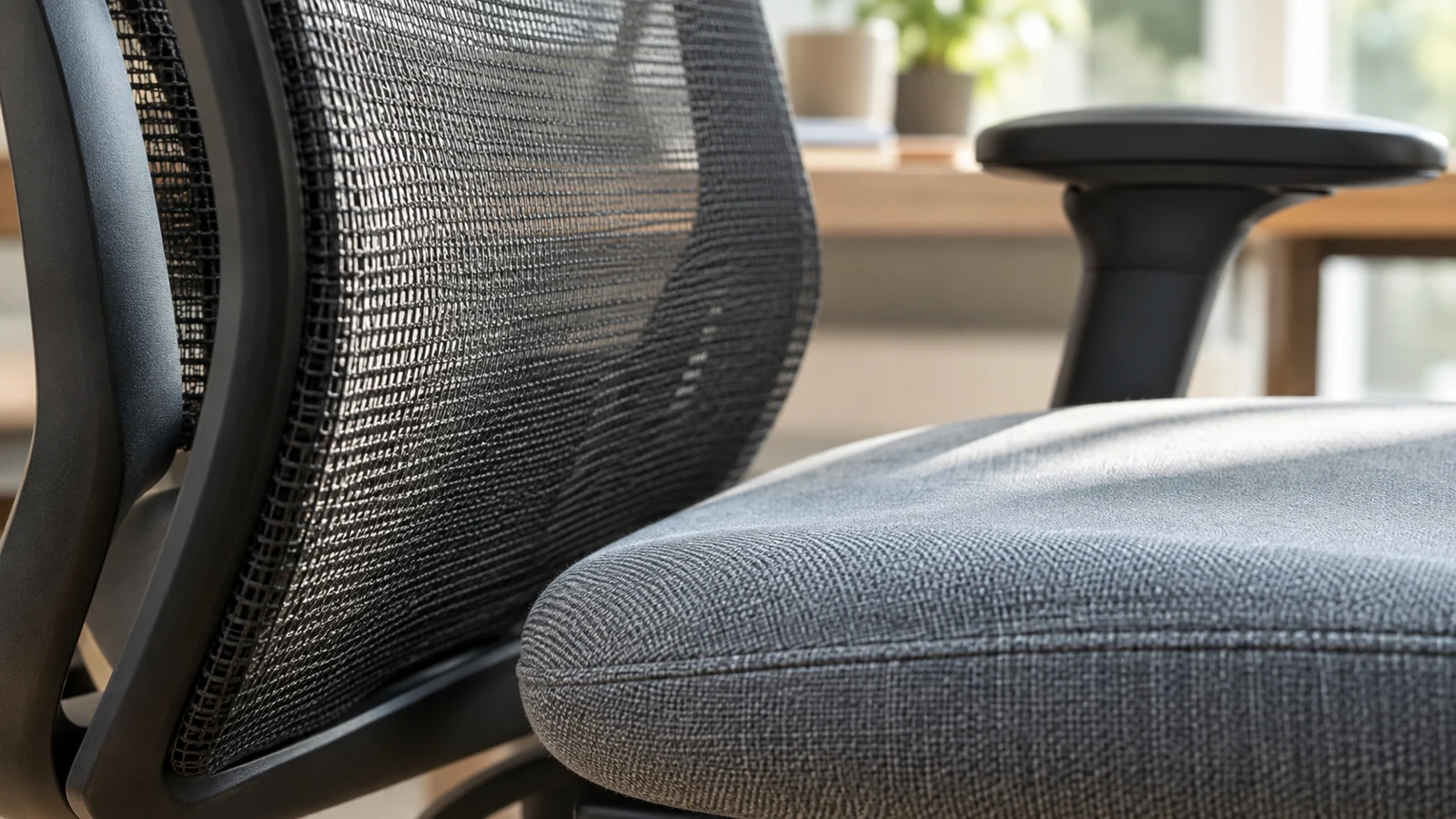 Close editorial macro of separate mesh chair back material and upholstered seat edge in natural daylight, realistic fabric texture, no logos or text.