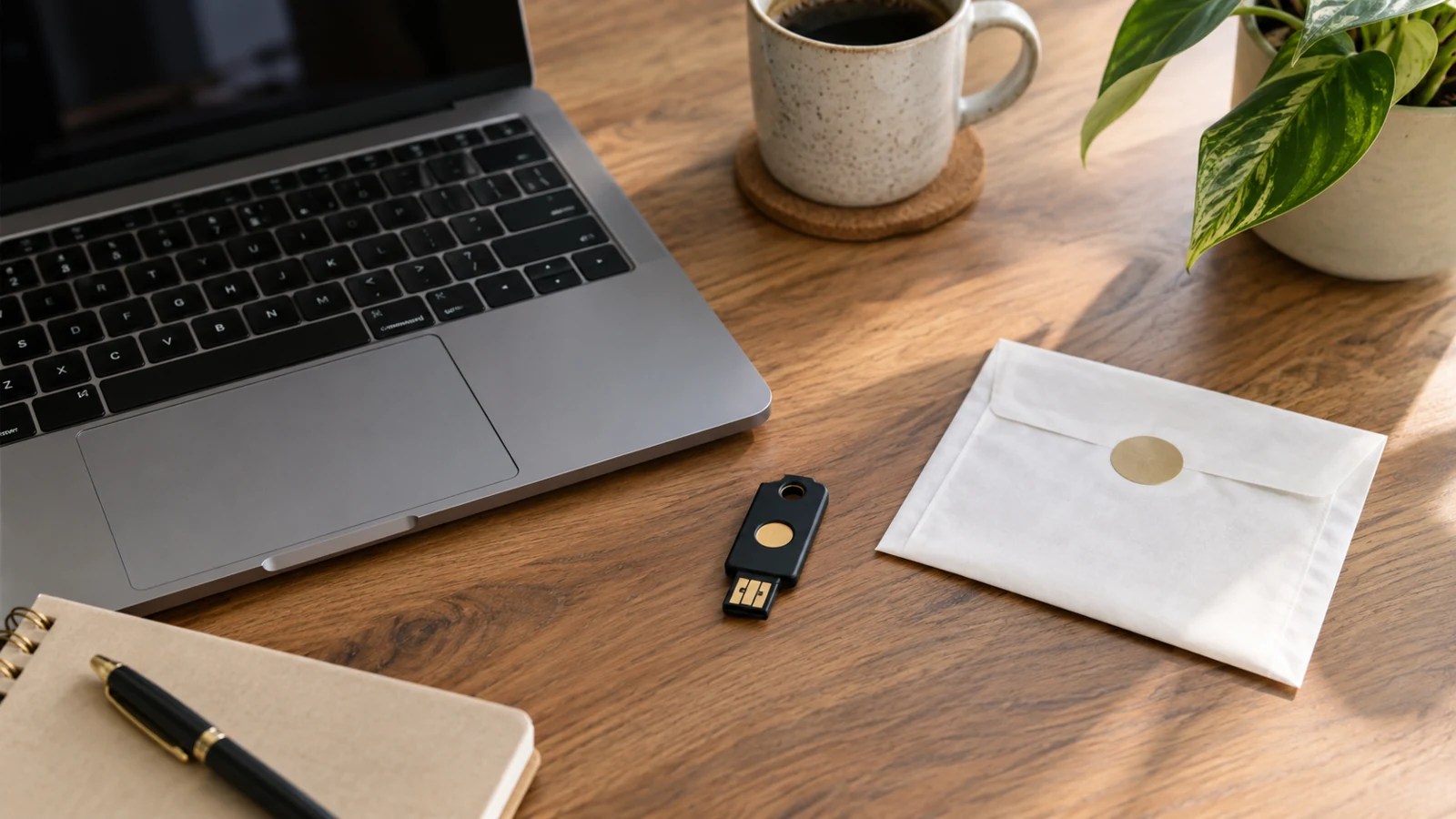 Separate editorial top-down photo of laptop, security key and sealed recovery envelope on a desk, no passwords, no readable codes or account information.