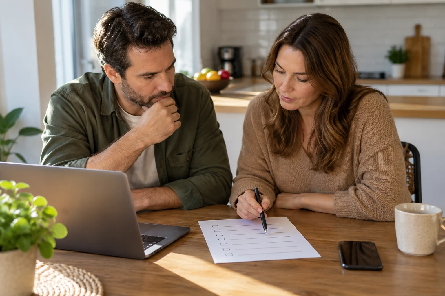 Separate photo of two adult household members discussing a blank checklist near laptop and phone at kitchen table, no children, no credentials, no readable text.