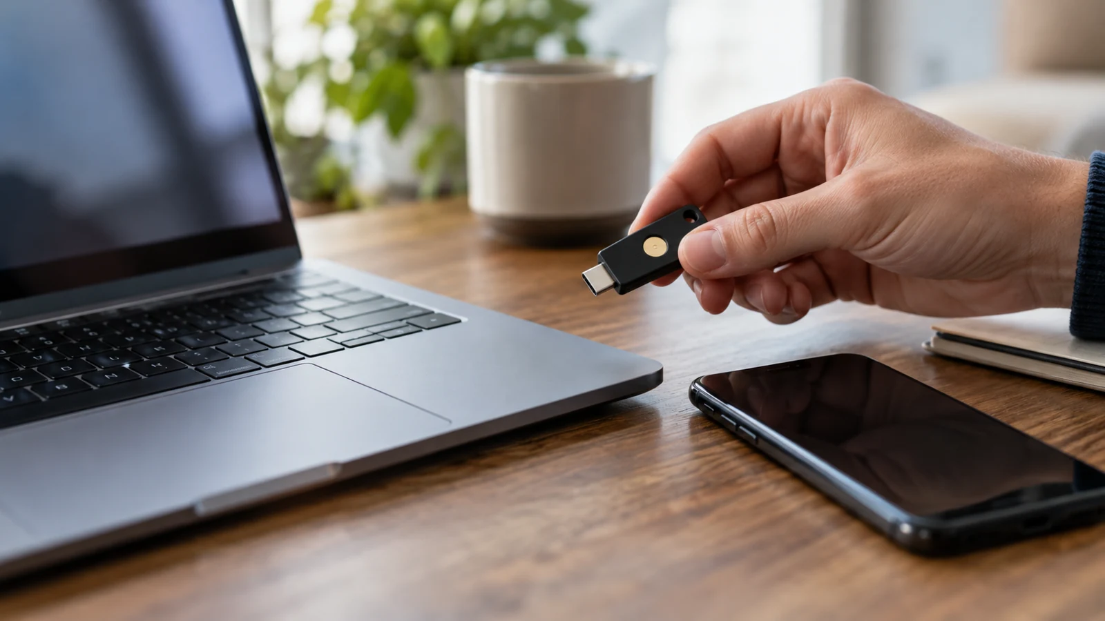 Different close photo of hand holding generic security key near laptop with phone beside it, no readable login screens, no logos, no claims of a specific product.