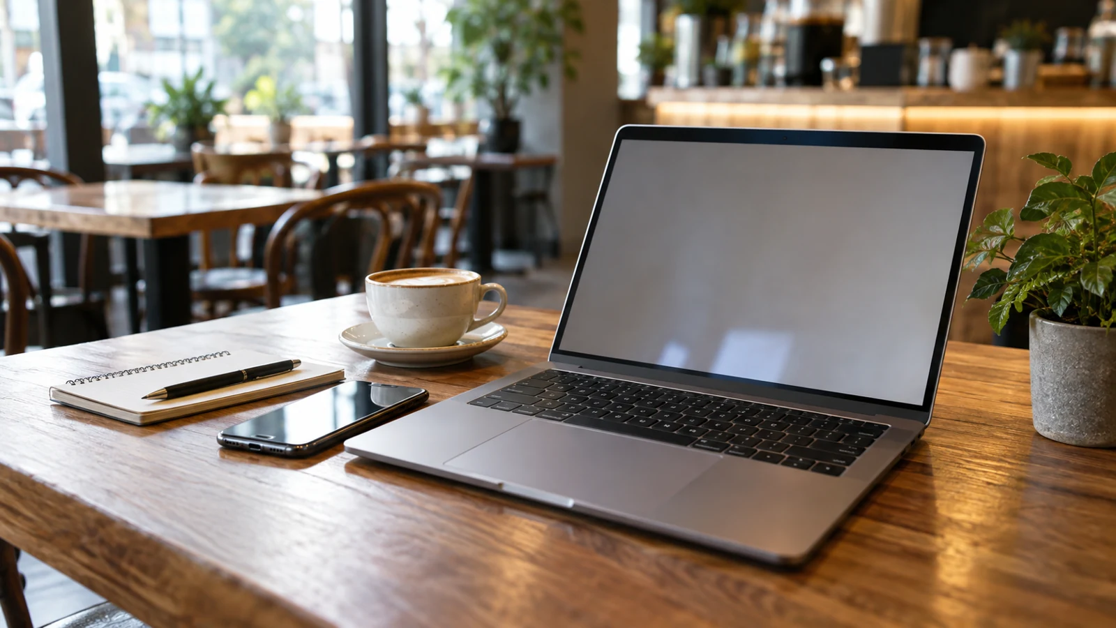 Separate editorial photo of laptop and phone beside notebook in quiet cafe, neutral screens, no customer identity, no VPN logos or text.