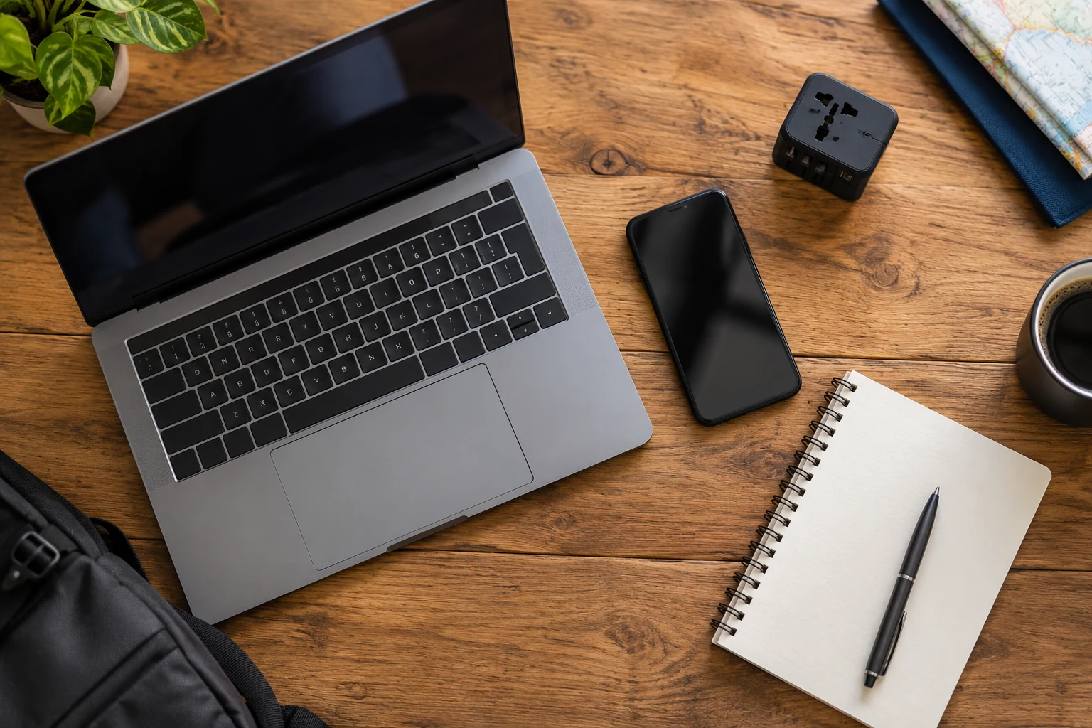 Overhead photo of two generic devices, notebook and travel adapter on wood table, no provider logos or credentials, no readable text.