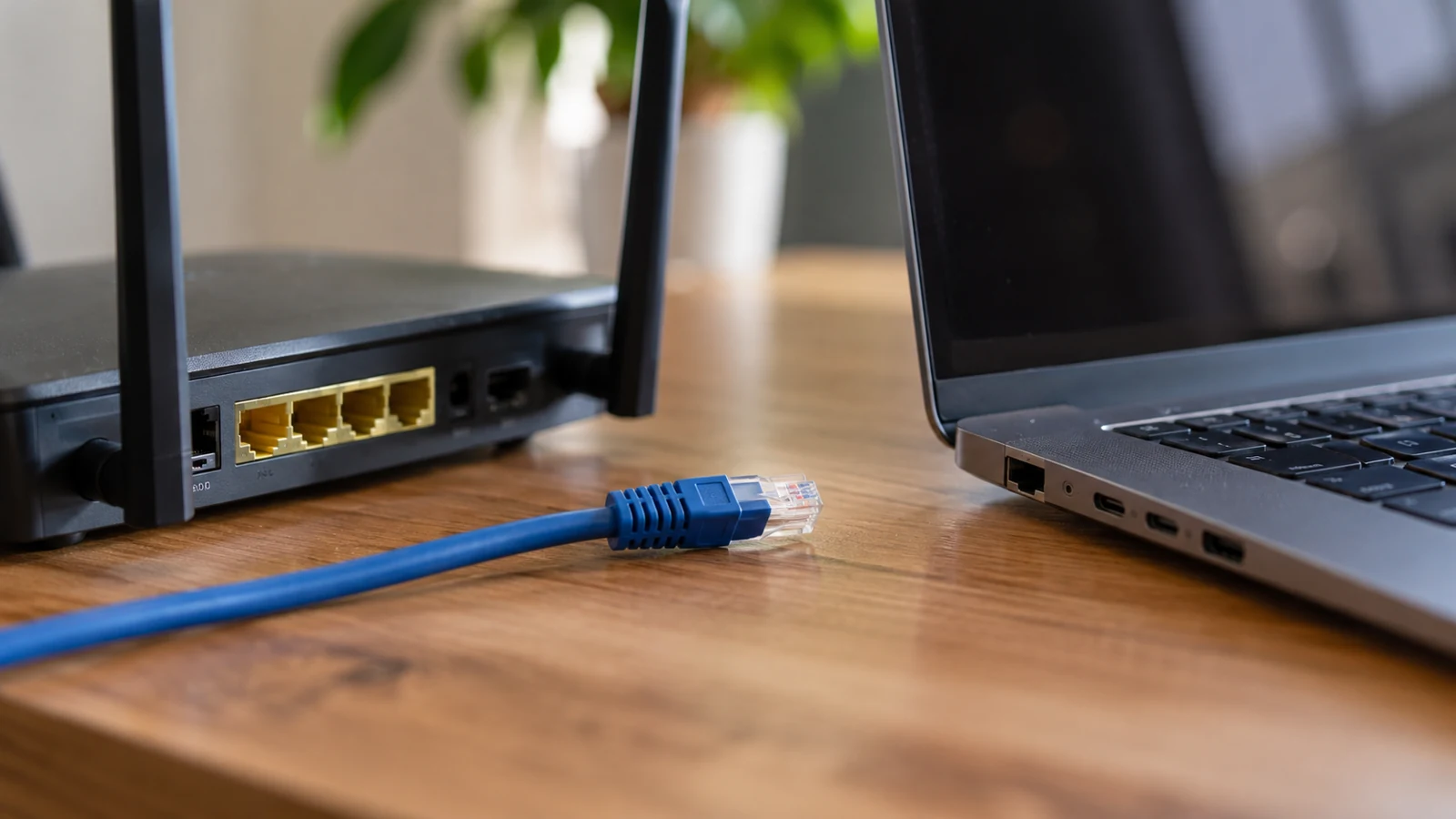 Different natural close photo of router, Ethernet cable and laptop port on desk, no numerical speed result, no labels or logos.