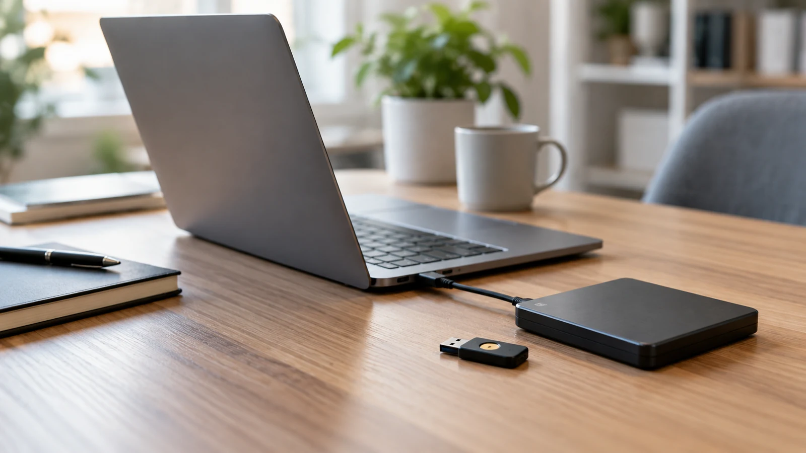 Separate editorial photo of laptop, external backup drive and small security key on a clean office table, no actual security screenshots or readable account data.