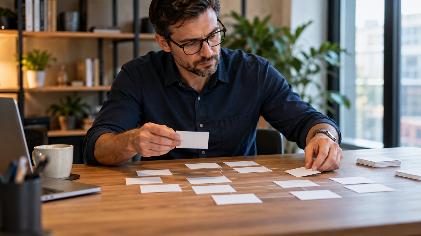 Editorial photograph of a consultant sorting unmarked record cards into connected groups on a desk.