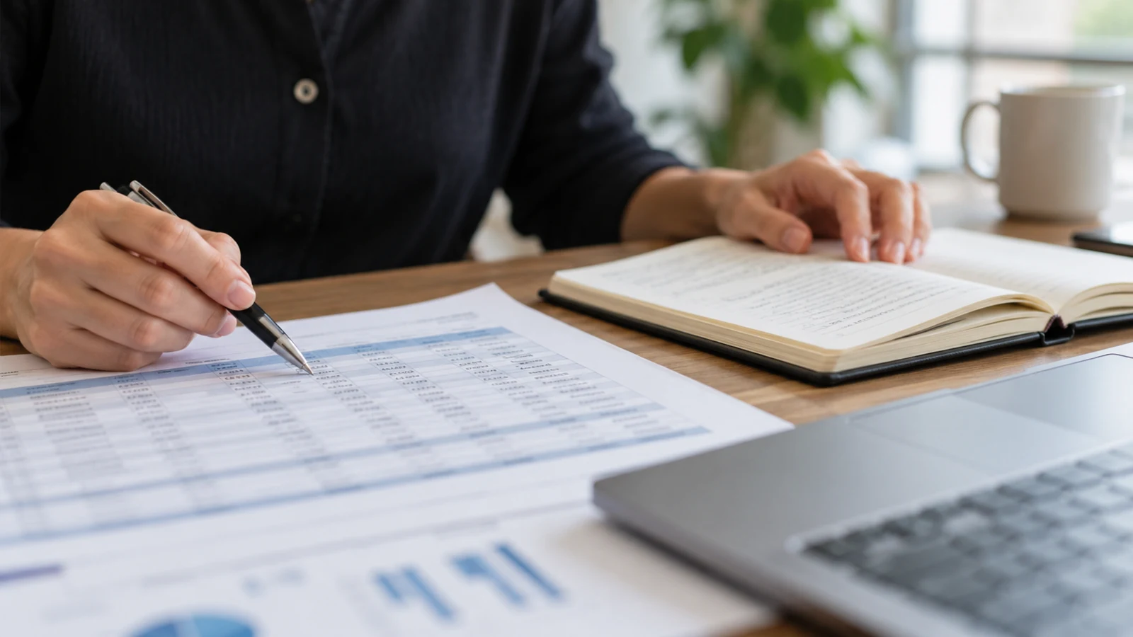 Close photo of hands reviewing a spreadsheet-like page with blurred unreadable rows and a separate notebook.