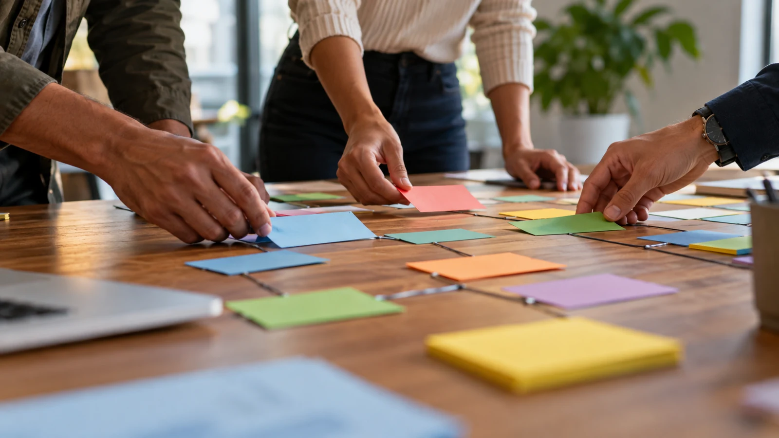 Photograph of hands rearranging colored schedule cards across a table, no readable text.
