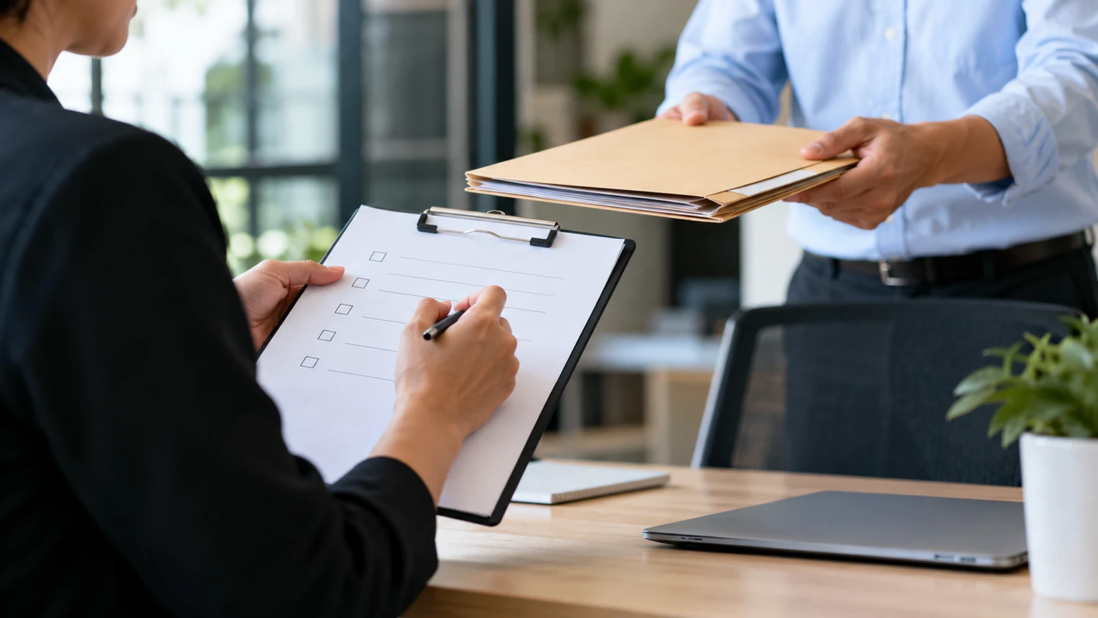 Editorial image of a person checking a checklist while another colleague receives a project folder, text blurred.
