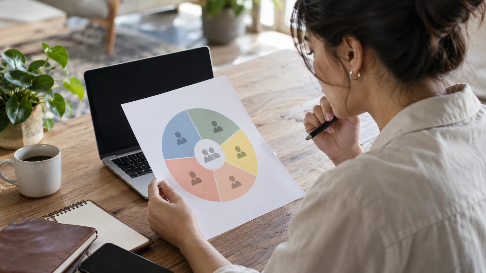Marketer reviewing a paper audience map with several colored sections and a laptop, no readable information.