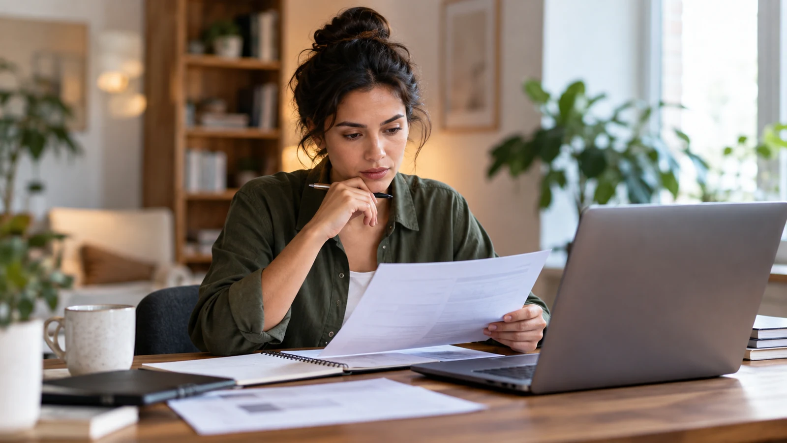 Editorial photo of a support specialist reviewing a printed article outline and laptop, no readable screen.