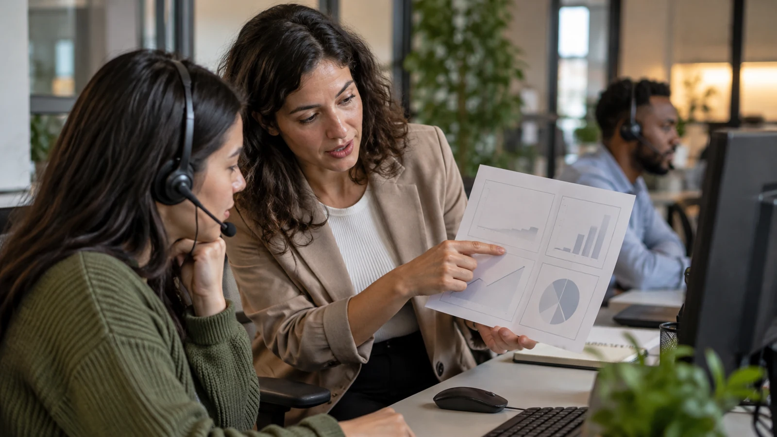 Photo of team lead discussing a blank dashboard printout with an agent, no visible numbers or logos.