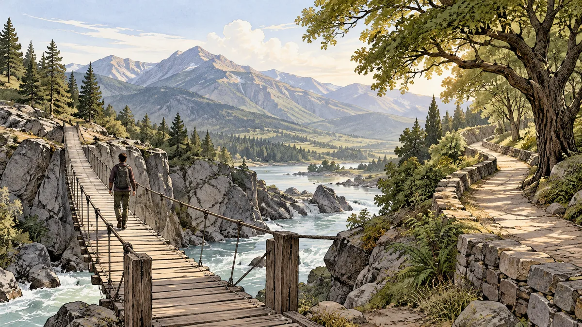 Editorial ink illustration of a flexible bridge and a long-term sheltered path, calm restrained palette