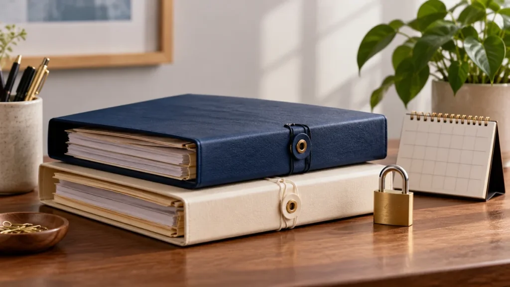 brokerage account vs retirement account: Studio still life photo of two distinct document folders beside a small lock and calendar, cobalt and ivory