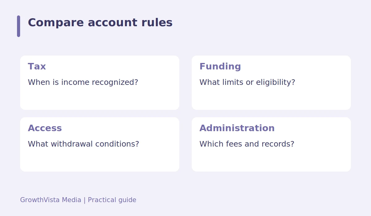 Compare account rules: Tax: When is income recognized?; Funding: What limits or eligibility?; Access: What withdrawal conditions?; Administration: Which fees and records?