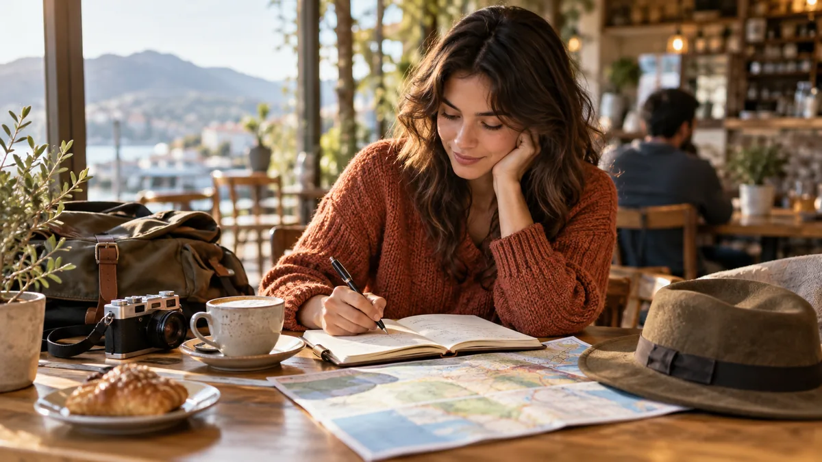 Photographic cafe scene of traveler planning a modest trip with notebook, no branded screens
