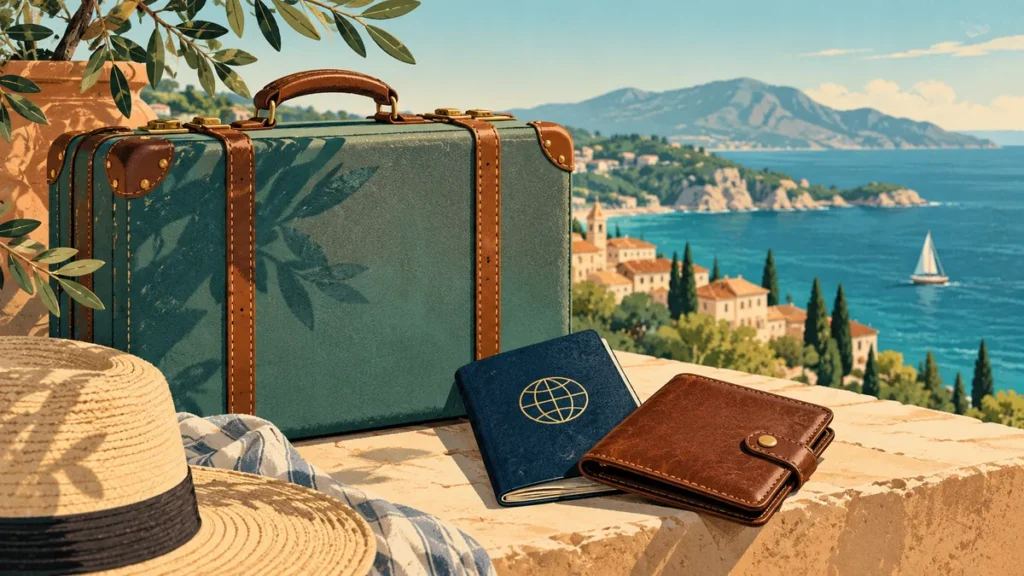 cash back vs travel rewards: Illustrated travel still life of suitcase passport and simple wallet, mid-century graphic style teal and sand