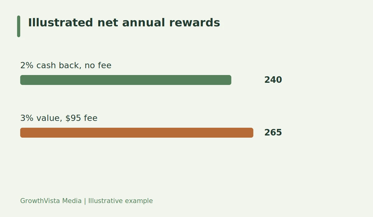 Illustrated net annual rewards: 2% cash back, no fee: 240; 3% value, $95 fee: 265