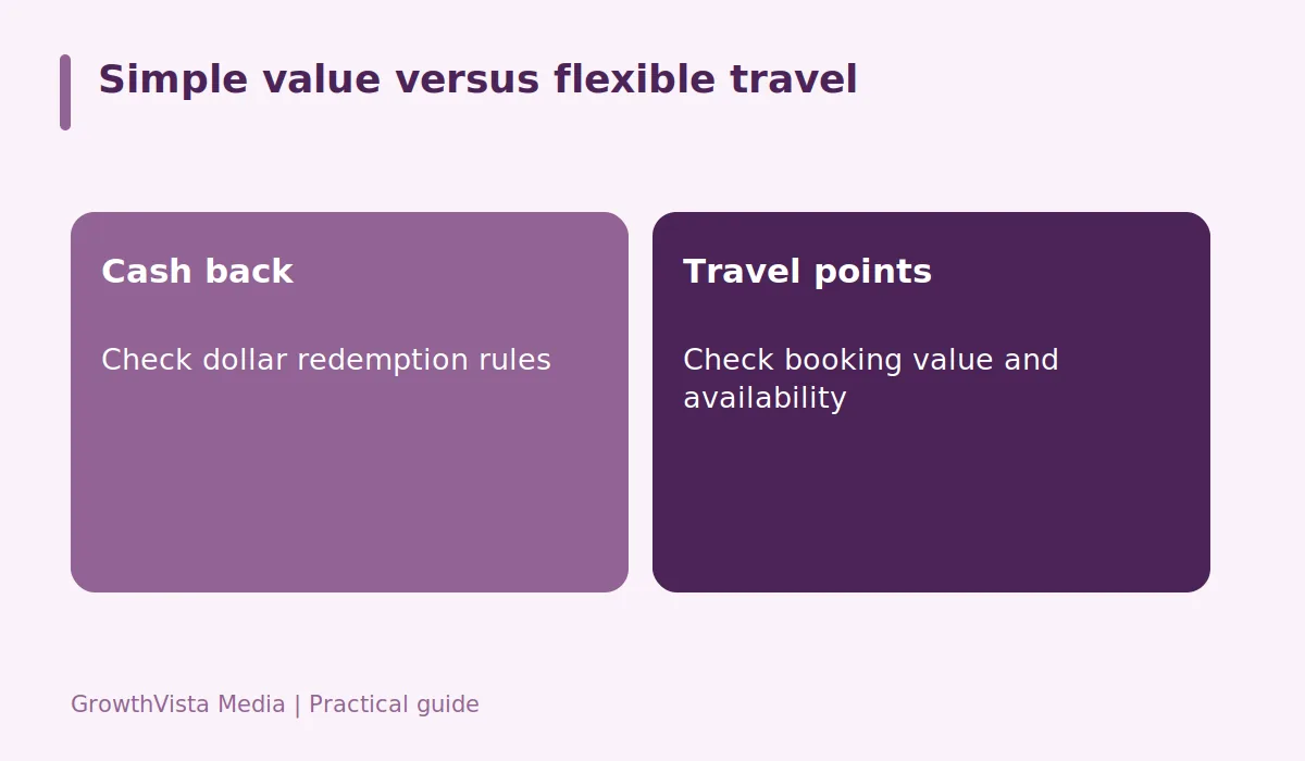 Simple value versus flexible travel: Cash back: Check dollar redemption rules; Travel points: Check booking value and availability