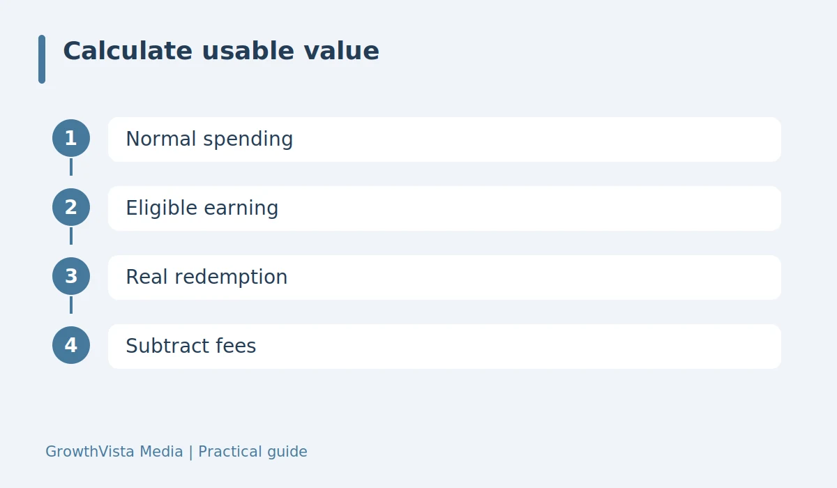 Calculate usable value: Normal spending → Eligible earning → Real redemption → Subtract fees
