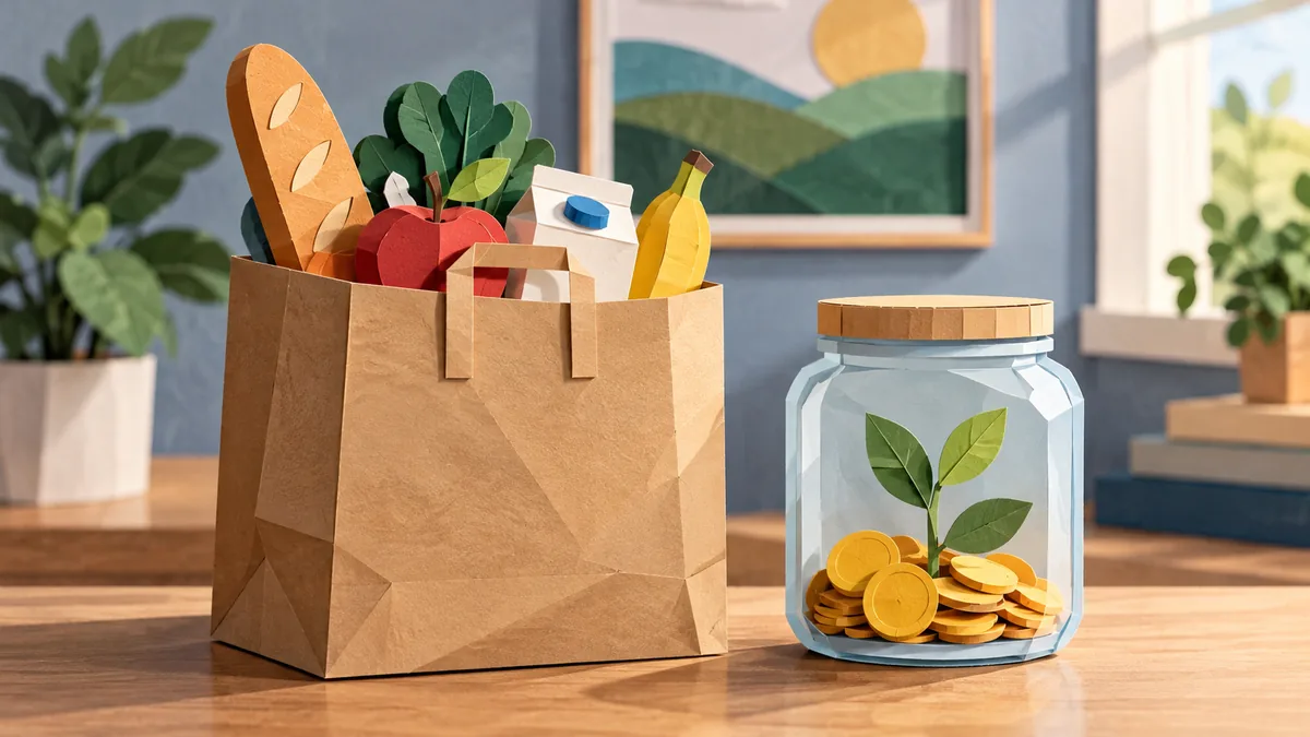 Cut-paper illustration of an everyday spending bag and separate savings jar, playful geometric
