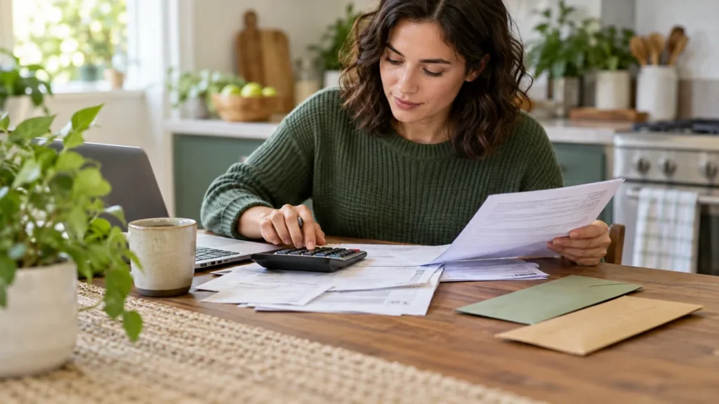 checking vs savings accounts: Lifestyle photo of person paying everyday bills beside two distinct envelopes at kitchen table, neutral green