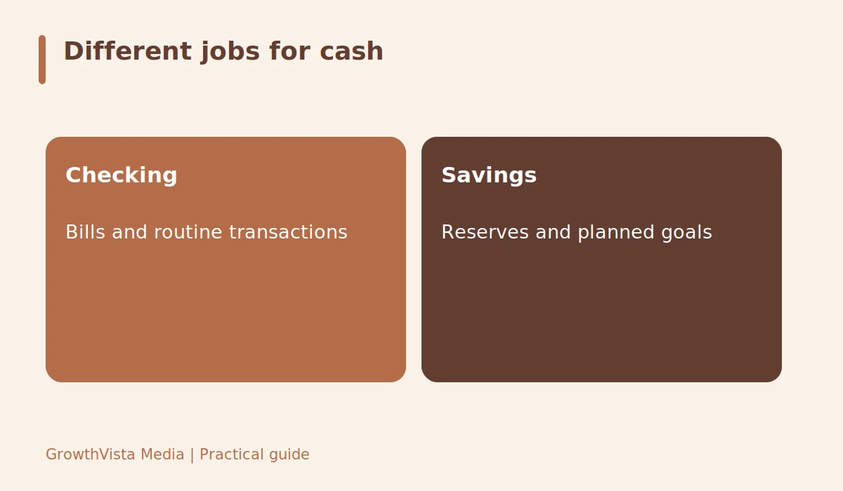 Different jobs for cash: Checking: Bills and routine transactions; Savings: Reserves and planned goals