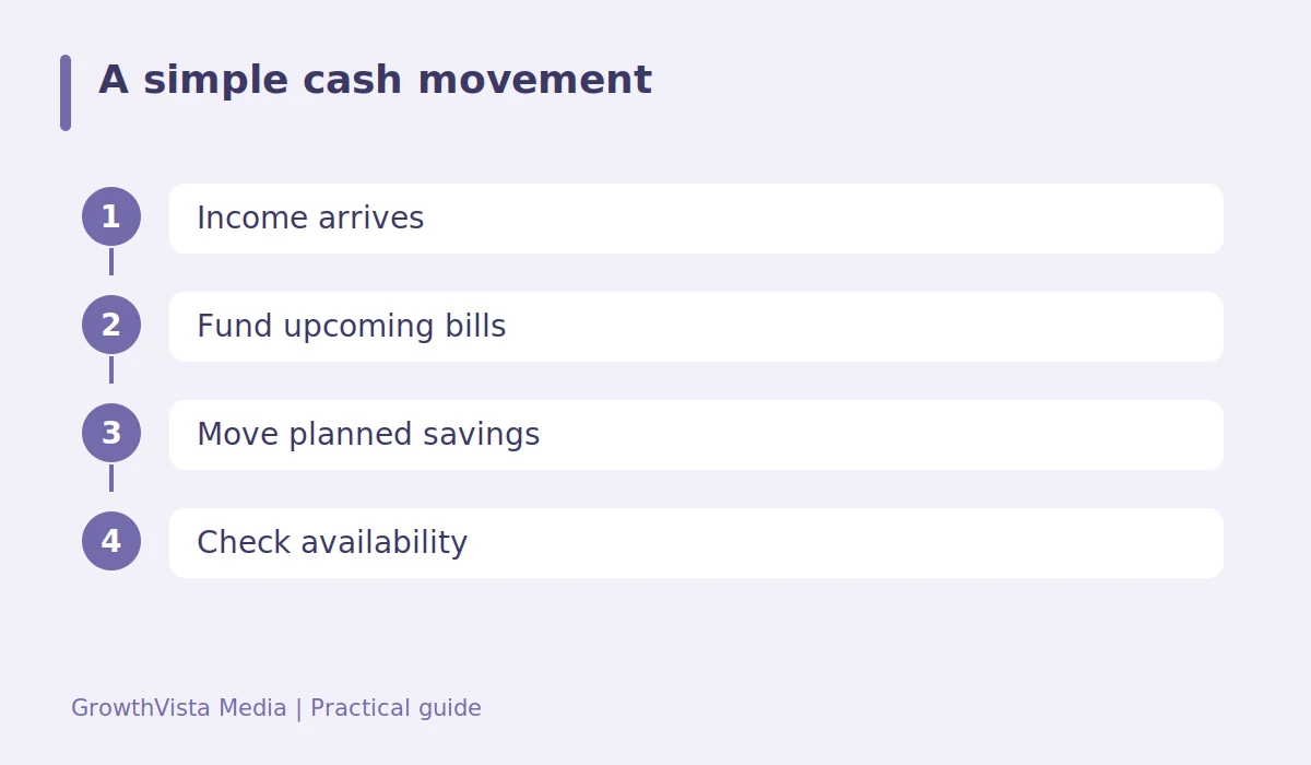 A simple cash movement: Income arrives → Fund upcoming bills → Move planned savings → Check availability