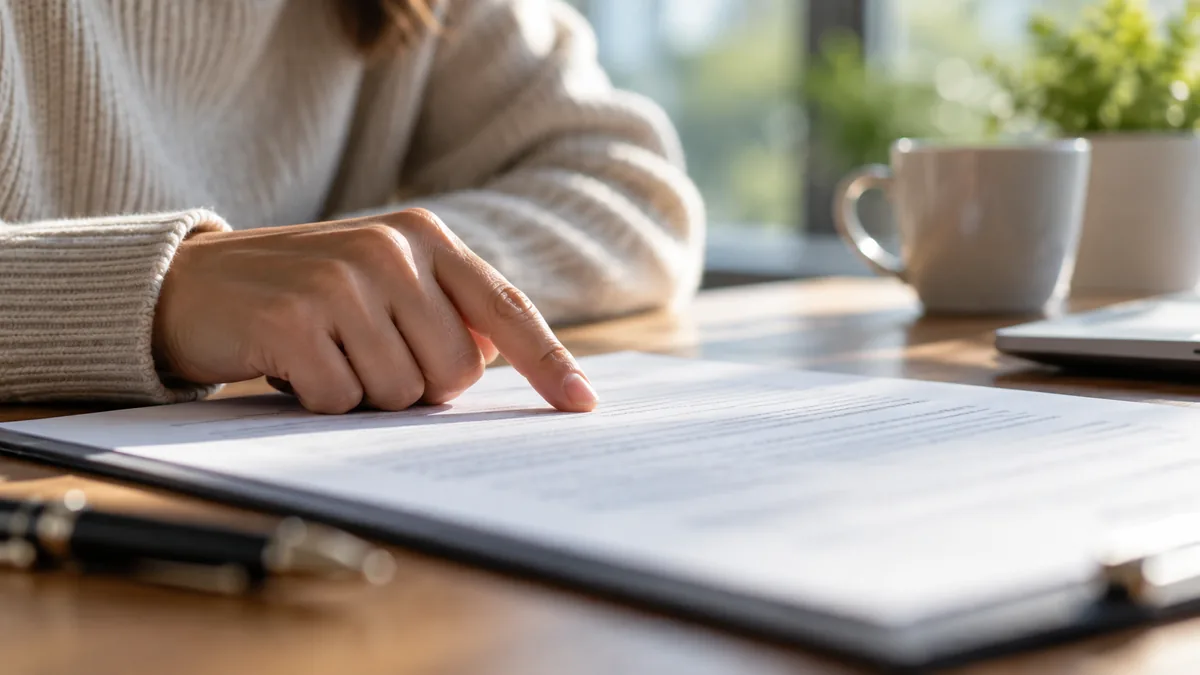 Macro photograph of hand pointing to a generic document without readable text, soft window light