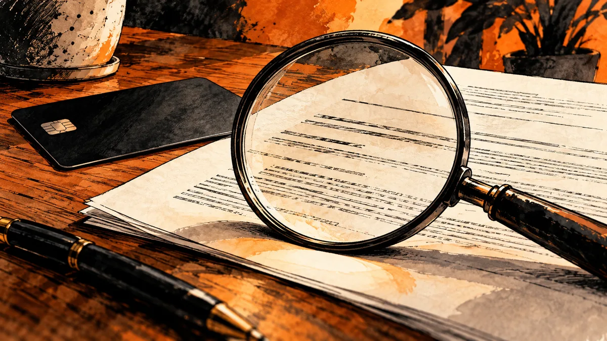 credit card fees: Bold ink-and-wash illustration of magnifying glass over an unbranded card agreement, black and burnt orange