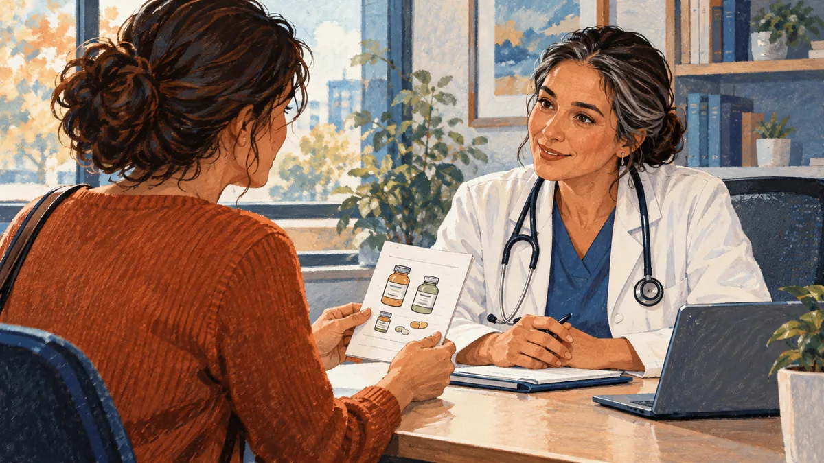 Hand-drawn editorial illustration of person bringing a small supplement list to a clinician, blue and rust