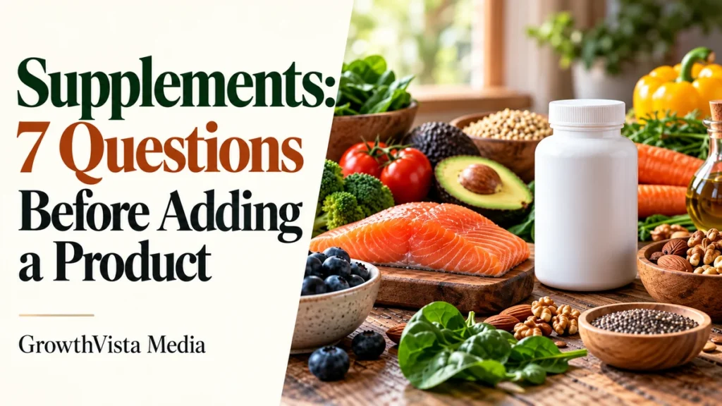 Supplements: 7 Questions Before Adding a Product: title over an editorial scene