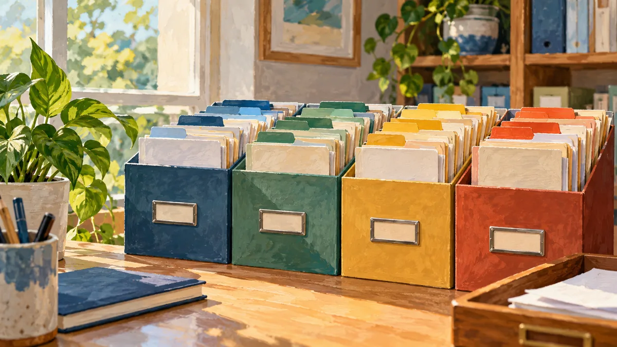 Editorial gouache illustration of tidy document archive with color-coded tabs, no labels