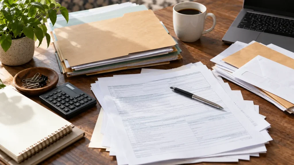 filing your taxes: Detailed documentary flat-lay photo of organized folders envelopes and tax paperwork without readable private data