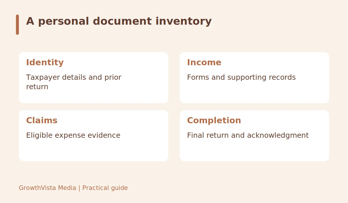 A personal document inventory: Identity: Taxpayer details and prior return; Income: Forms and supporting records; Claims: Eligible expense evidence; Completion: Final return and acknowledgment