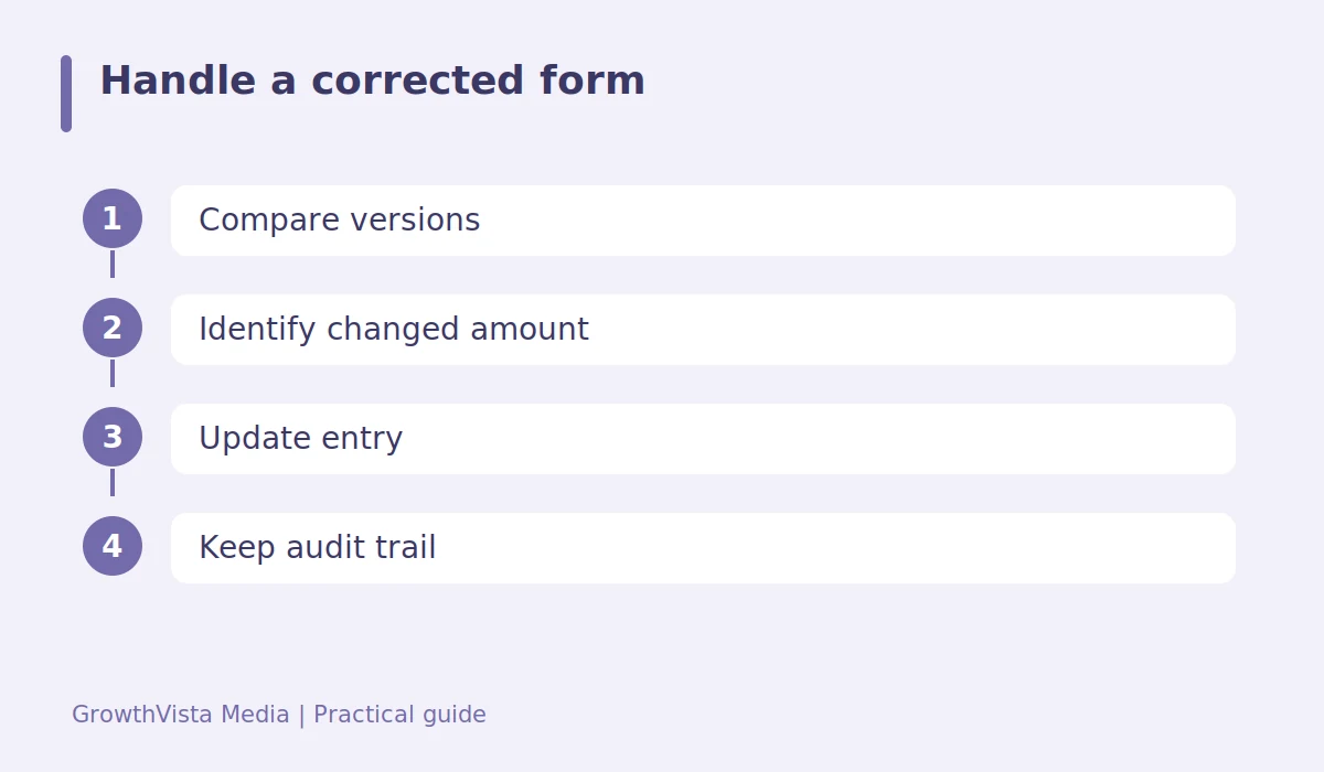 Handle a corrected form: Compare versions → Identify changed amount → Update entry → Keep audit trail