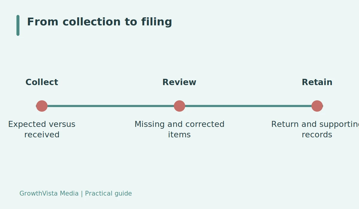 From collection to filing: Collect: Expected versus received; Review: Missing and corrected items; Retain: Return and supporting records